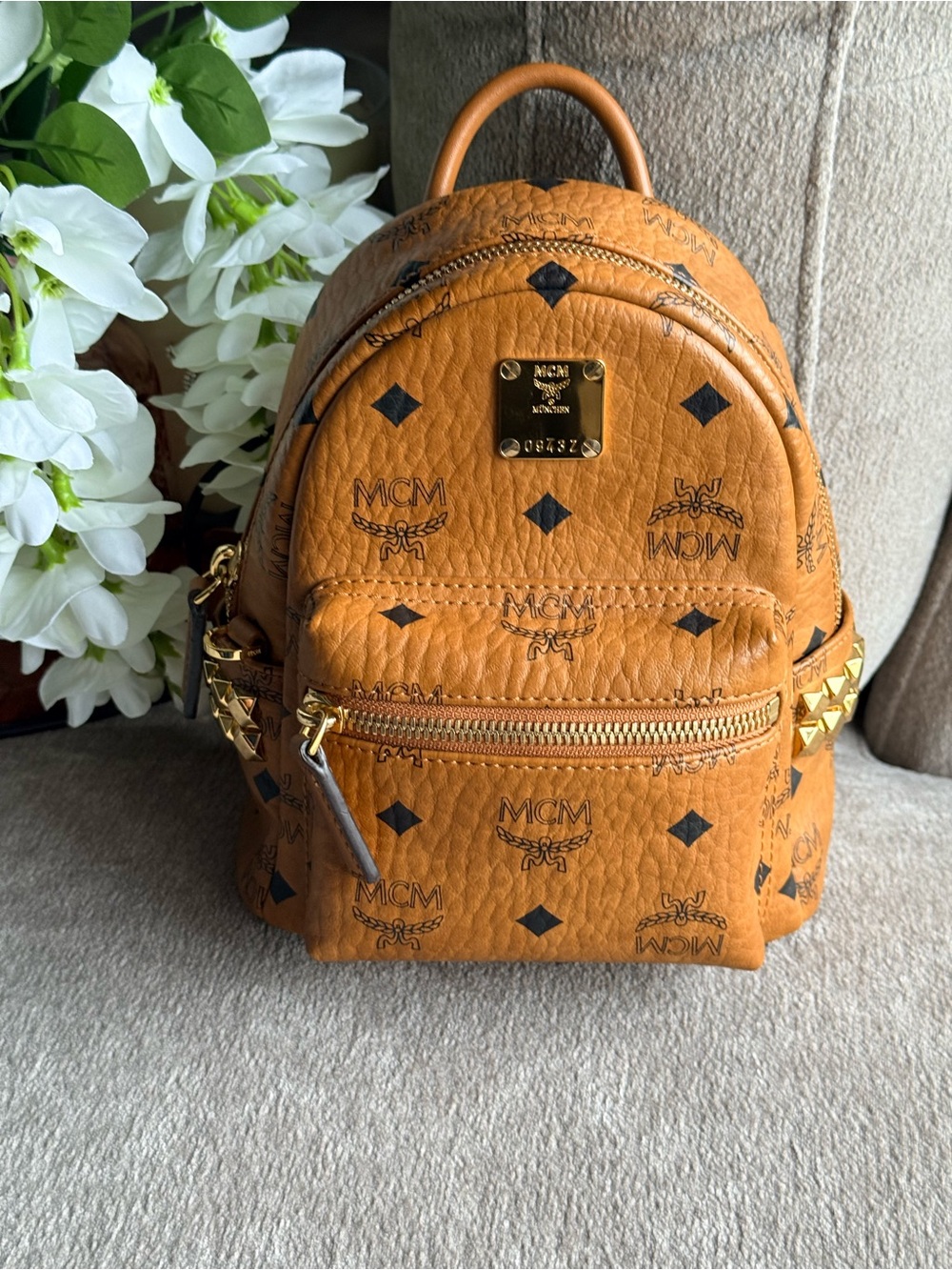 MCM Mini Cognac Monogram Backpack Authentic